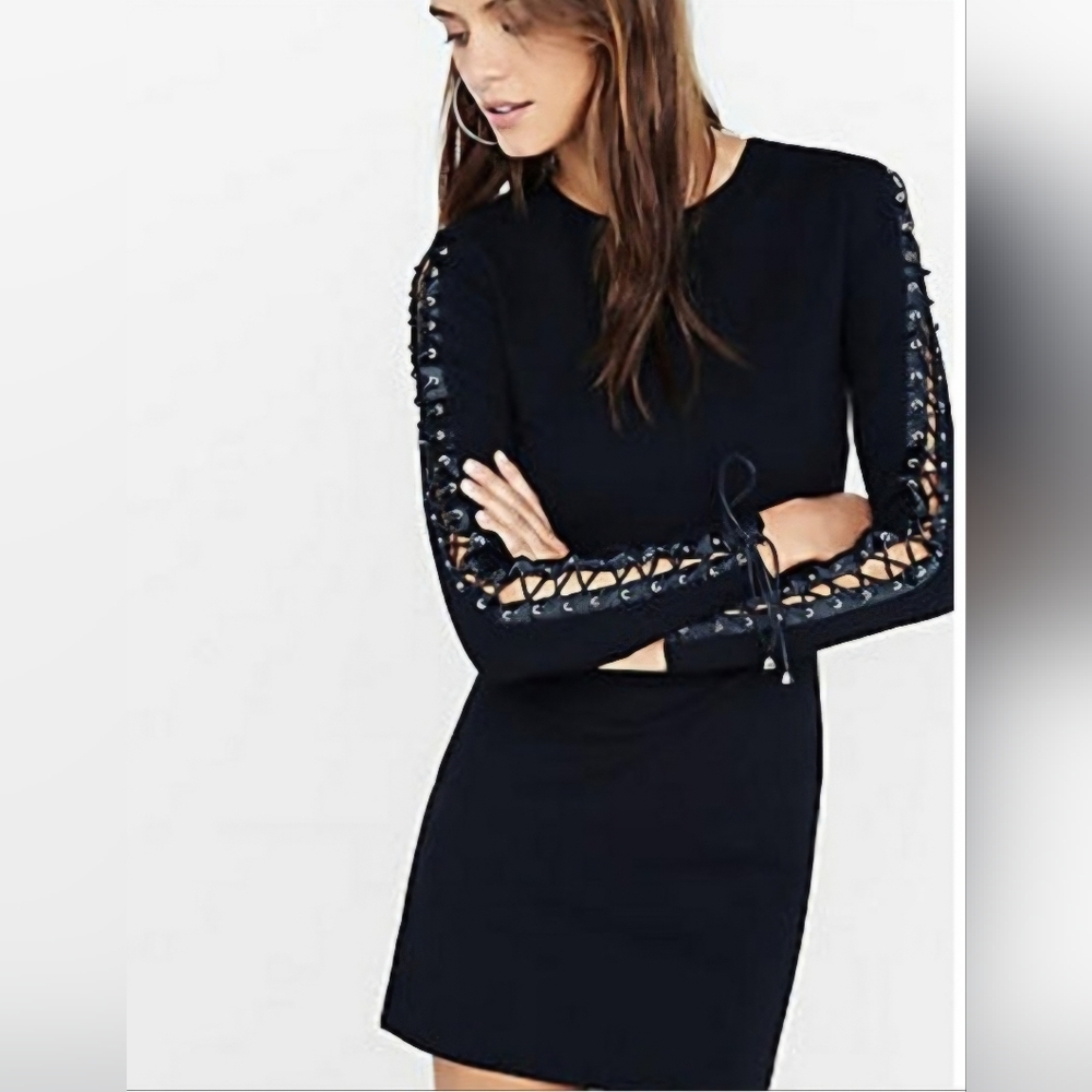 NWT EXPRESS Women's Black Lace-Up Sleeve Knit Mini Dress - Size 4